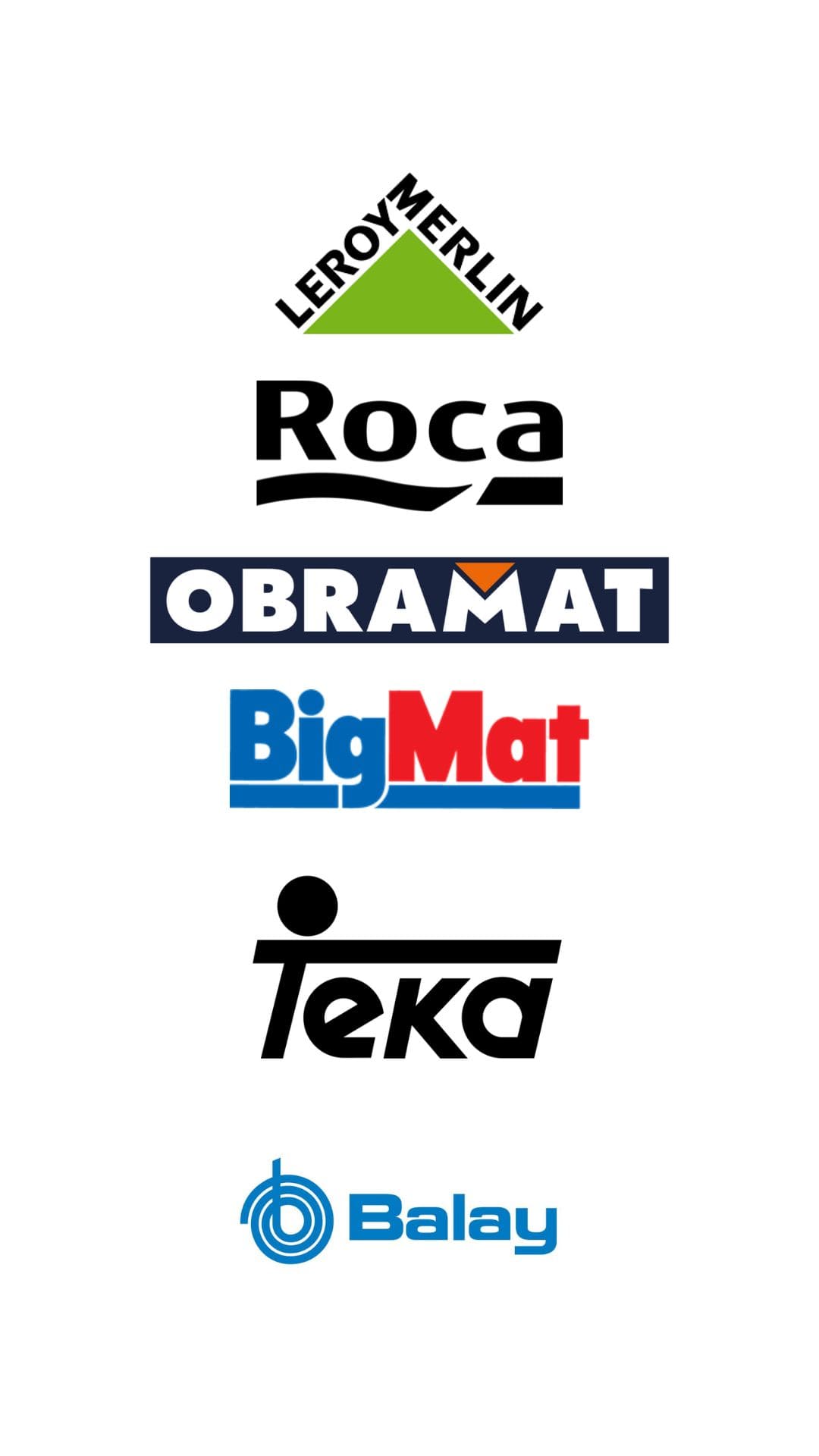 Logotipos de marcas de construcción y reformas, incluyendo Leroy Merlin, Roca, Obramat, BigMat, Teka y Balay.